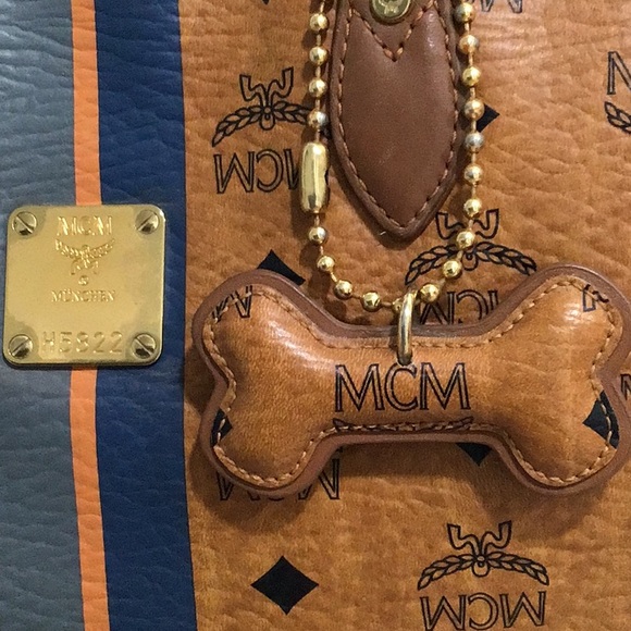 MCM #H5822 Vintage Visetos Blue Stripes Monogram Small Tote Bag  EUC Cognac - Picture 4 of 16